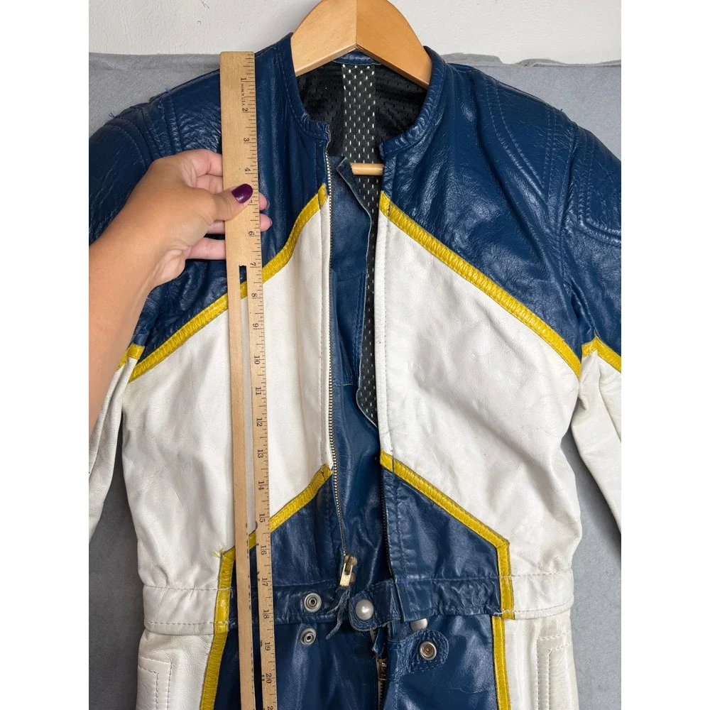Vintage Leather Motorcycle Racing Suit Blue White Yellow handmade Jumpsuit